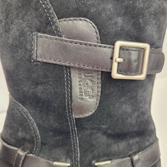 UGG Endell Black Suede Shearling-Lined Moto Boots With Buckle Accents Size 7 - Picture 15 of 16